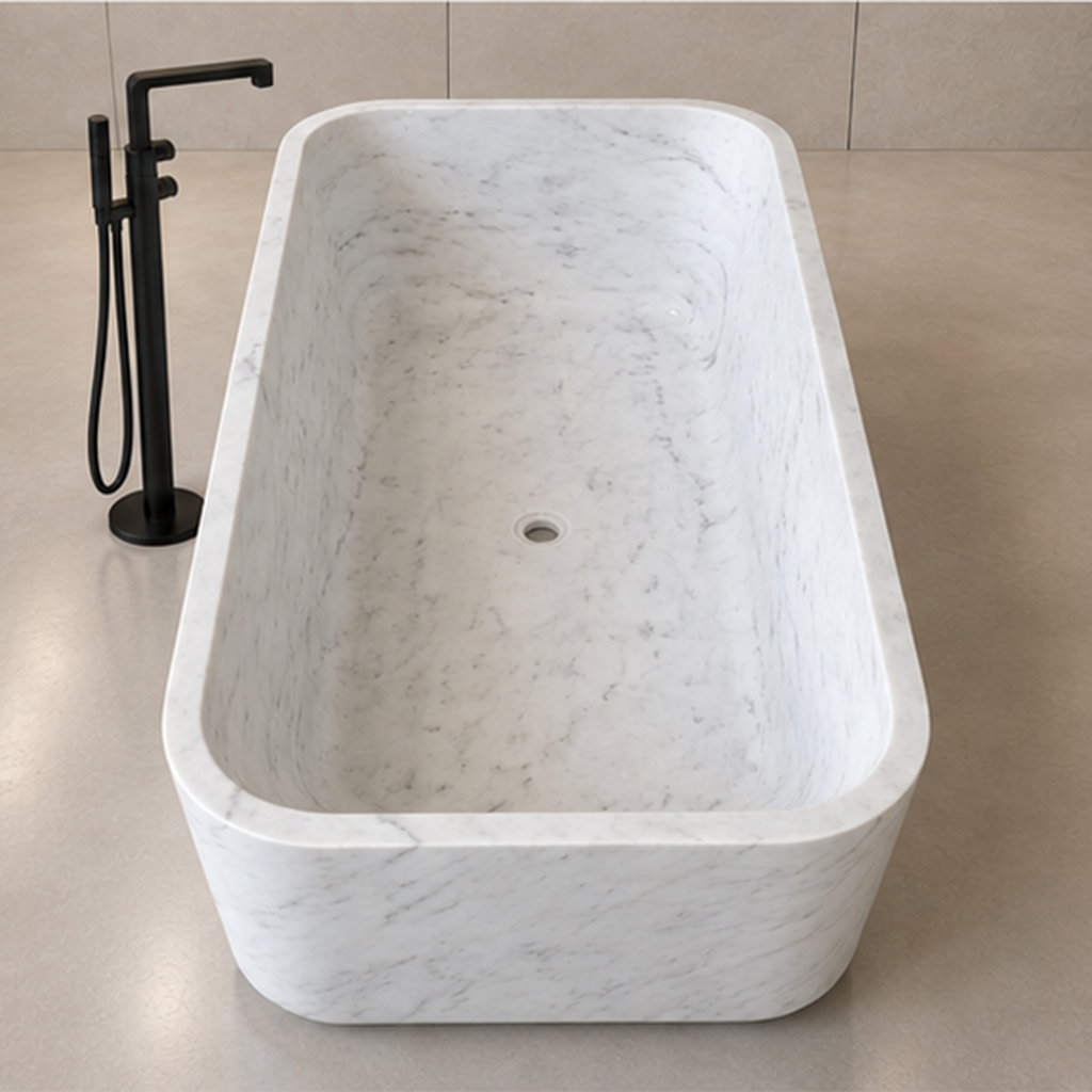Minimalist Carrara White Rectilinear Bathtub – marble bathtubs, freestanding bath, stand alone bathtubs, soaking tub, bathroom tub