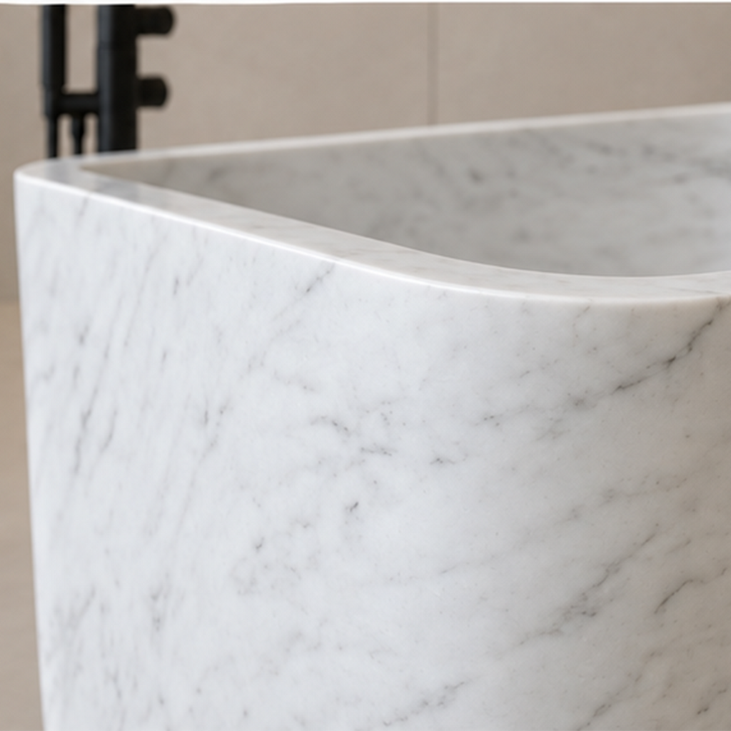 Minimalist Carrara White Rectilinear Bathtub – marble bathtubs, freestanding bath, stand alone bathtubs, soaking tub, bathroom tub