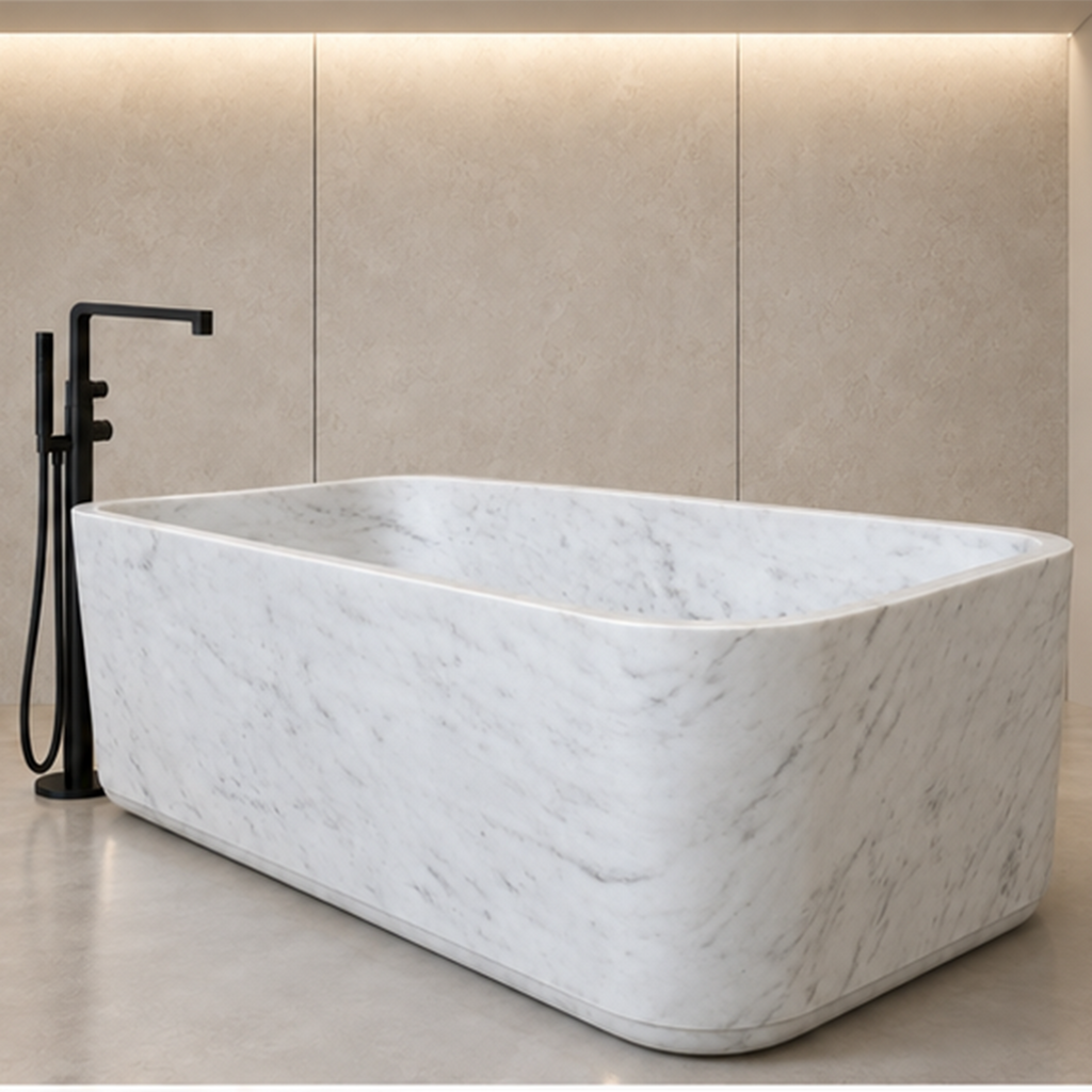Minimalist Carrara White Rectilinear Bathtub – marble bathtubs, freestanding bath, stand alone bathtubs, soaking tub, bathroom tub