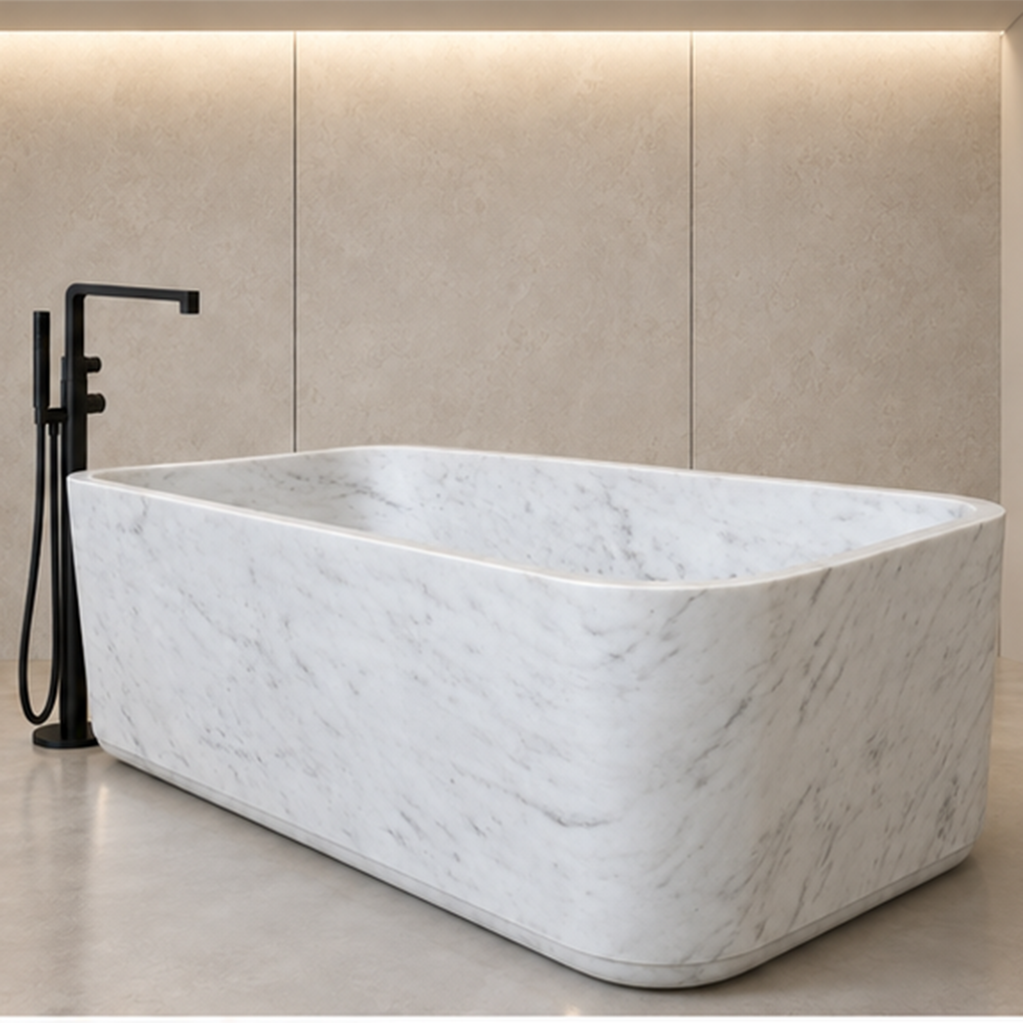 Minimalist Carrara White Rectilinear Bathtub – marble bathtubs, freestanding bath, stand alone bathtubs, soaking tub, bathroom tub
