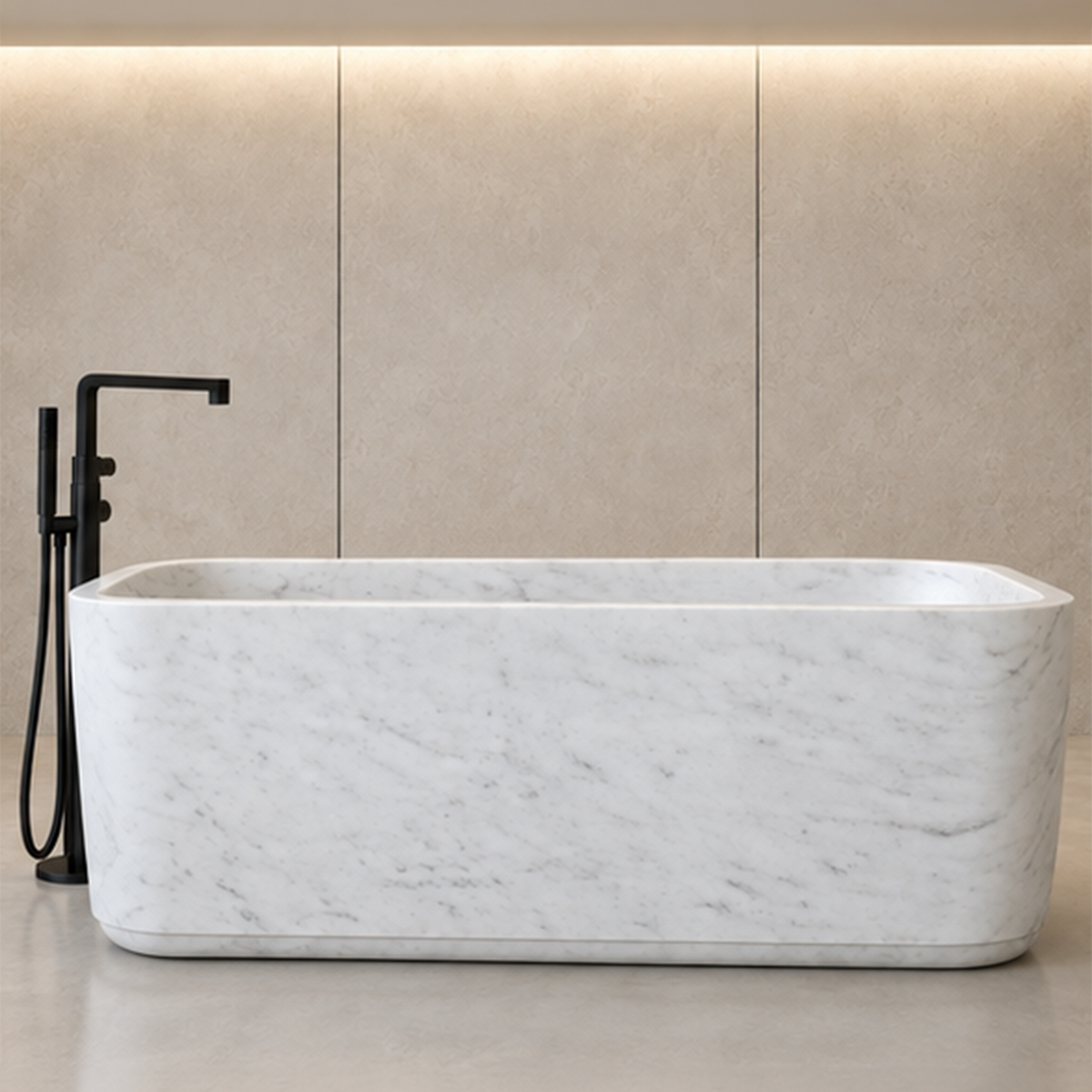 Minimalist Carrara White Rectilinear Bathtub – marble bathtubs, freestanding bath, stand alone bathtubs, soaking tub, bathroom tub