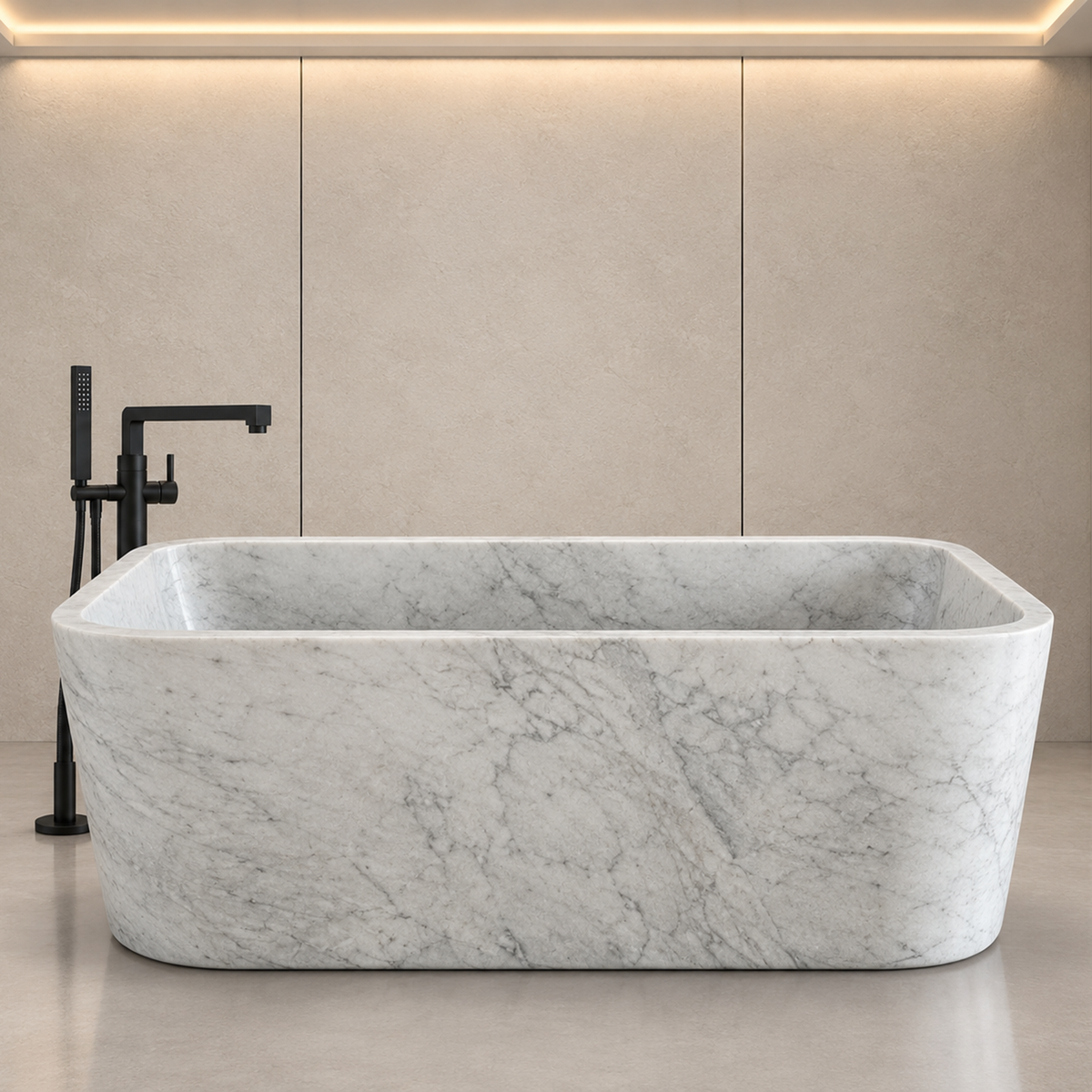 Carrara White Monolithic Freestanding Bathtub – marble bathtubs, freestanding bath, free standing bath, stand alone bathtubs, soaking tub