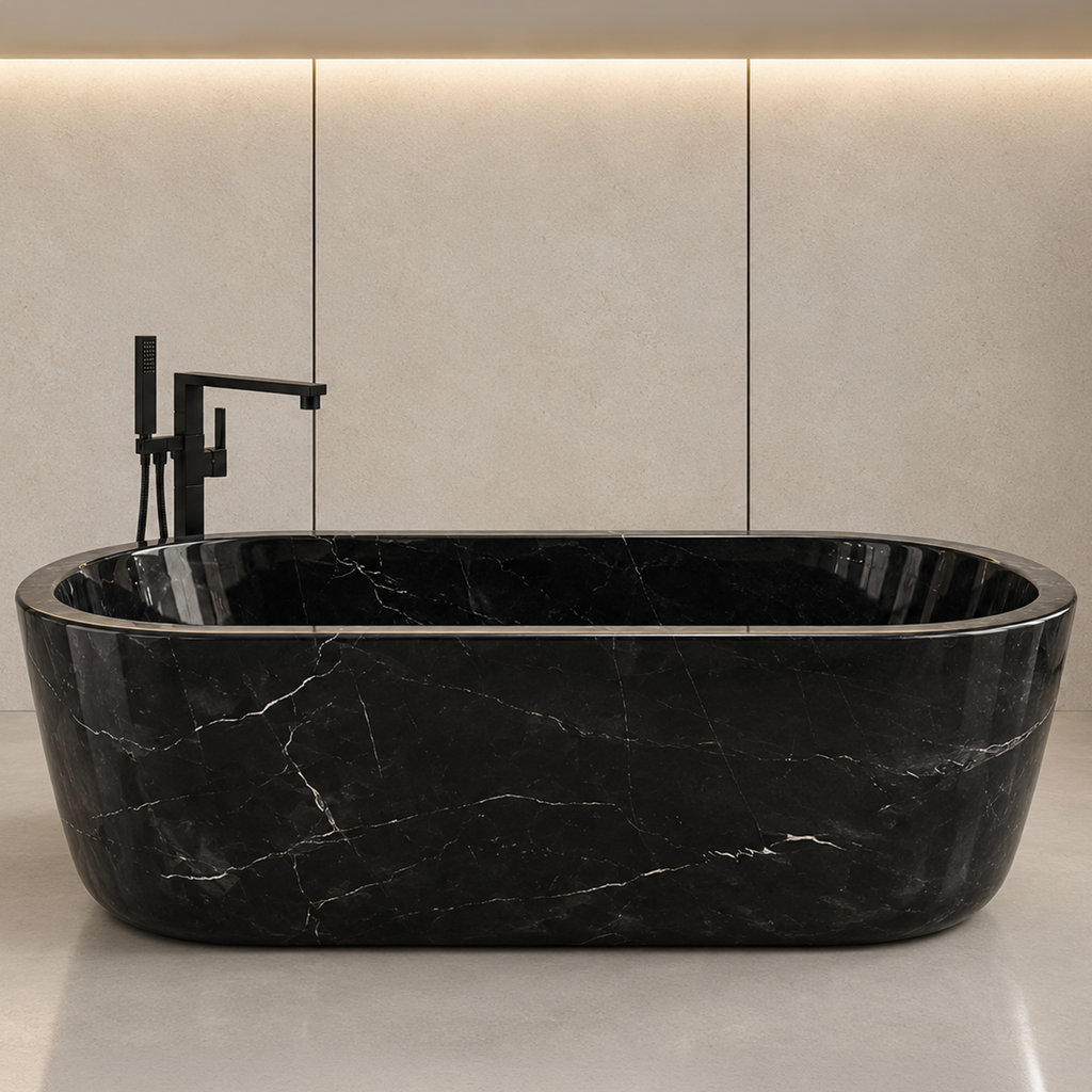 Moroccan Black Marquino Marble Elliptical Bathtub – marble bathtubs, freestanding bath, free standing bath, soaking tub, deep bathtubs
