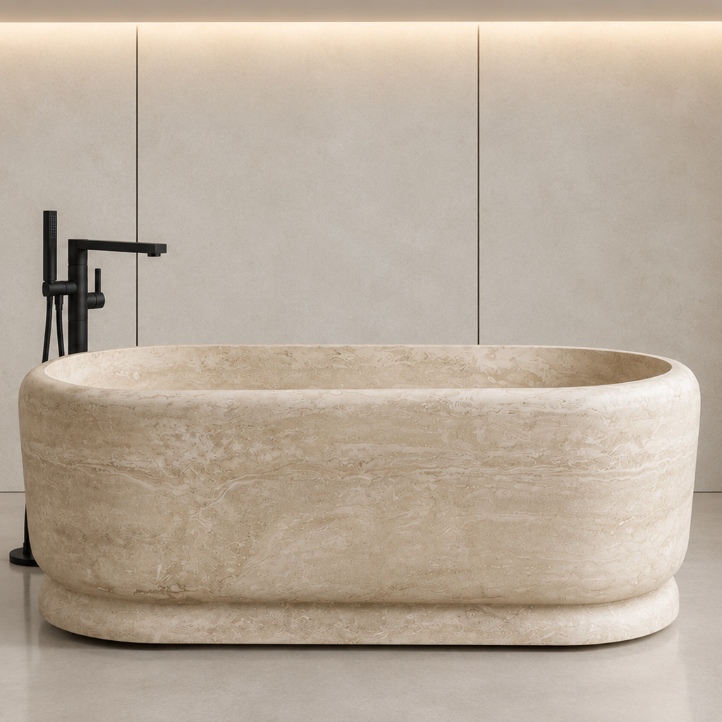 Turkish Beige Travertine Pedestal Bathtub – marble bathtubs, freestanding bath, free standing bath, soaking tub, deep bathtubs