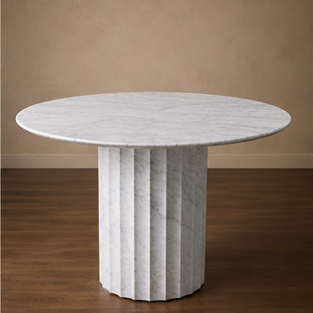 Cool Carara Dining Table Fluted Round – round marble dining table, white marble dining table, marble top round dining table, round marble table, white marble table