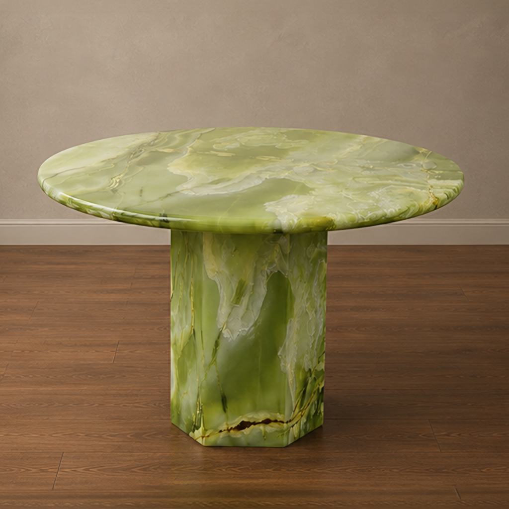 Rare Green Onyx Round Dining Table – round marble dining table, round marble table, marble top round dining table, stone top round dining table, marble dining table