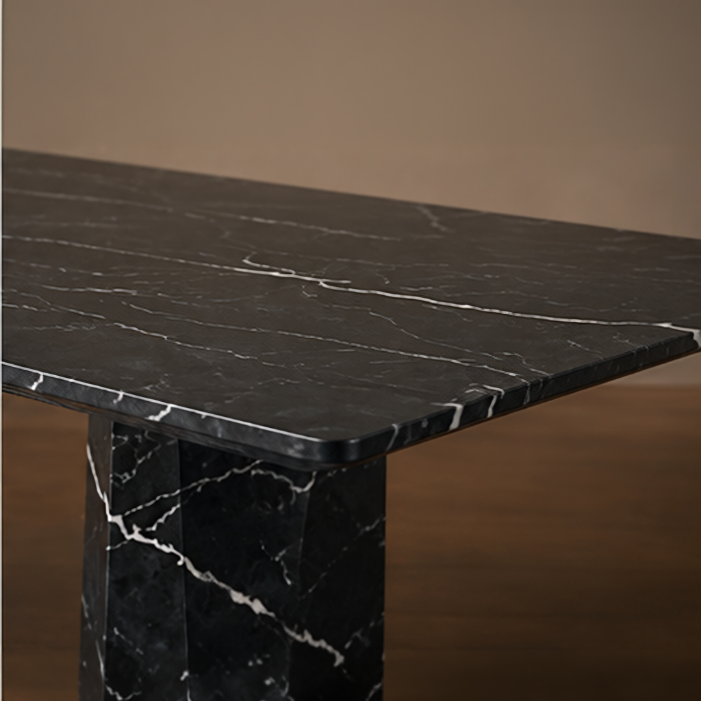 Knight Black Marquino Dining Table – black marble dining table, marble dining table, marble top dining table, stone dining table, stone top dining table