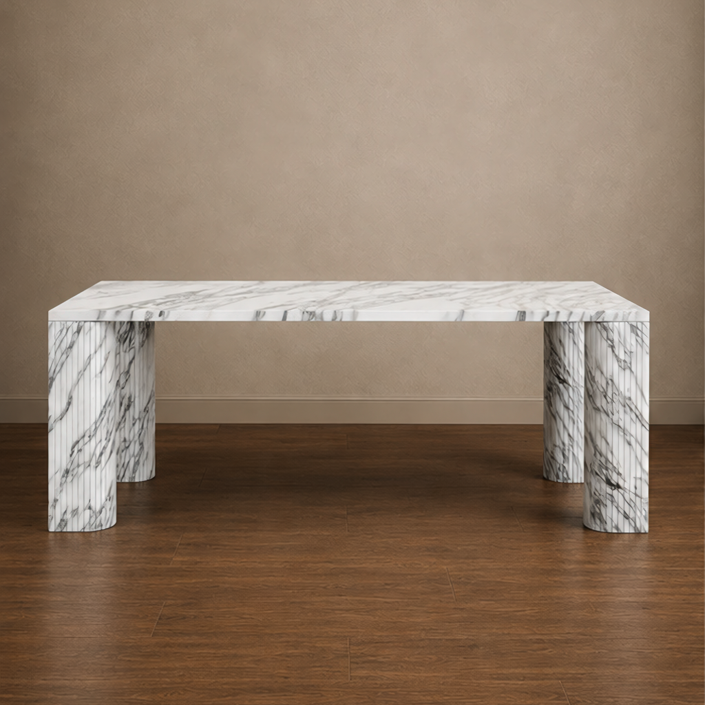 Marco Fluted Arabescato Dining Table – white marble dining table, marble dining table, marble top dining table, white marble table, stone top dining table