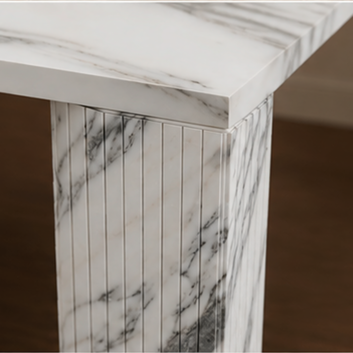 Marco Fluted Arabescato Dining Table – white marble dining table, marble dining table, marble top dining table, white marble table, stone top dining table