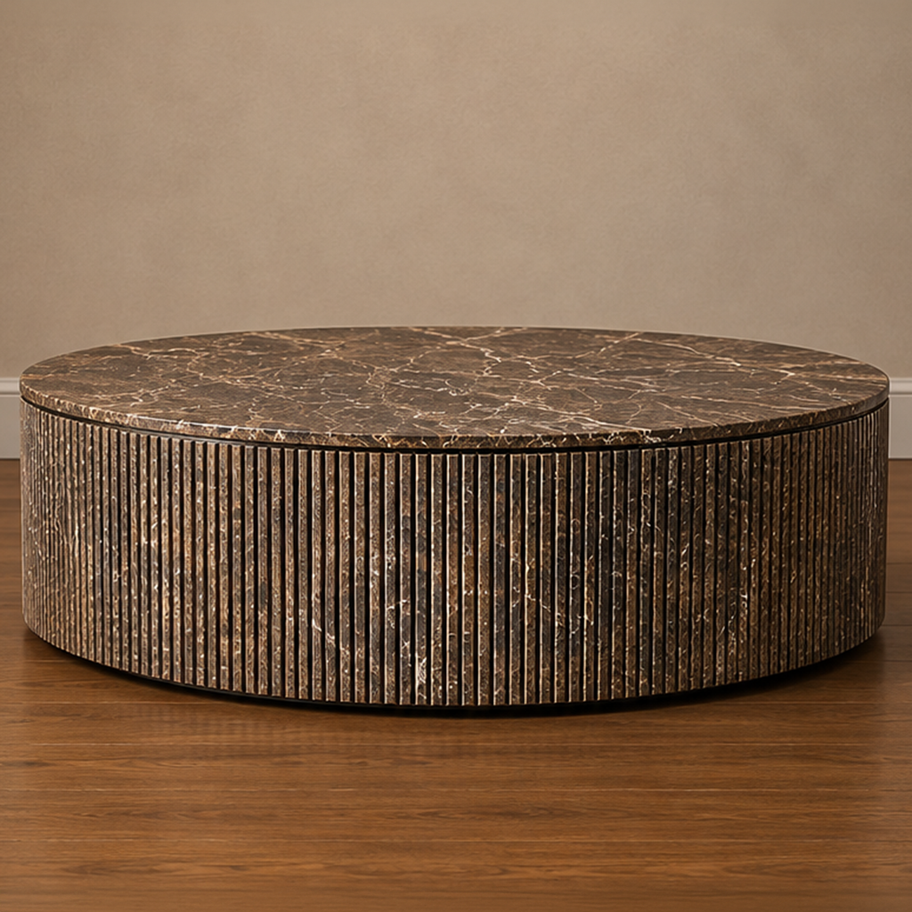Fluted Round Dark Emperadoor Coffee Table – round coffee table, dark coffee table, marble coffee table, designer coffee table, luxury coffee table