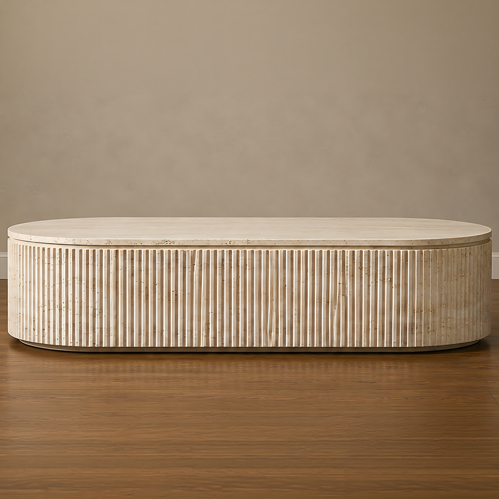 Fluted Beige Travertine Coffee Table – stone top coffee table, living room table, contemporary coffee table, luxury coffee table, designer coffee table