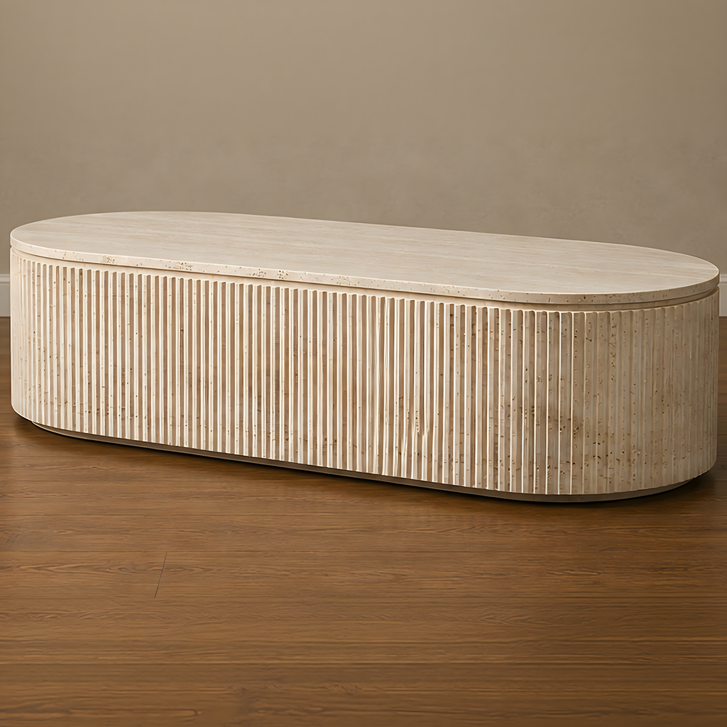 Fluted Beige Travertine Coffee Table – stone top coffee table, living room table, contemporary coffee table, luxury coffee table, designer coffee table