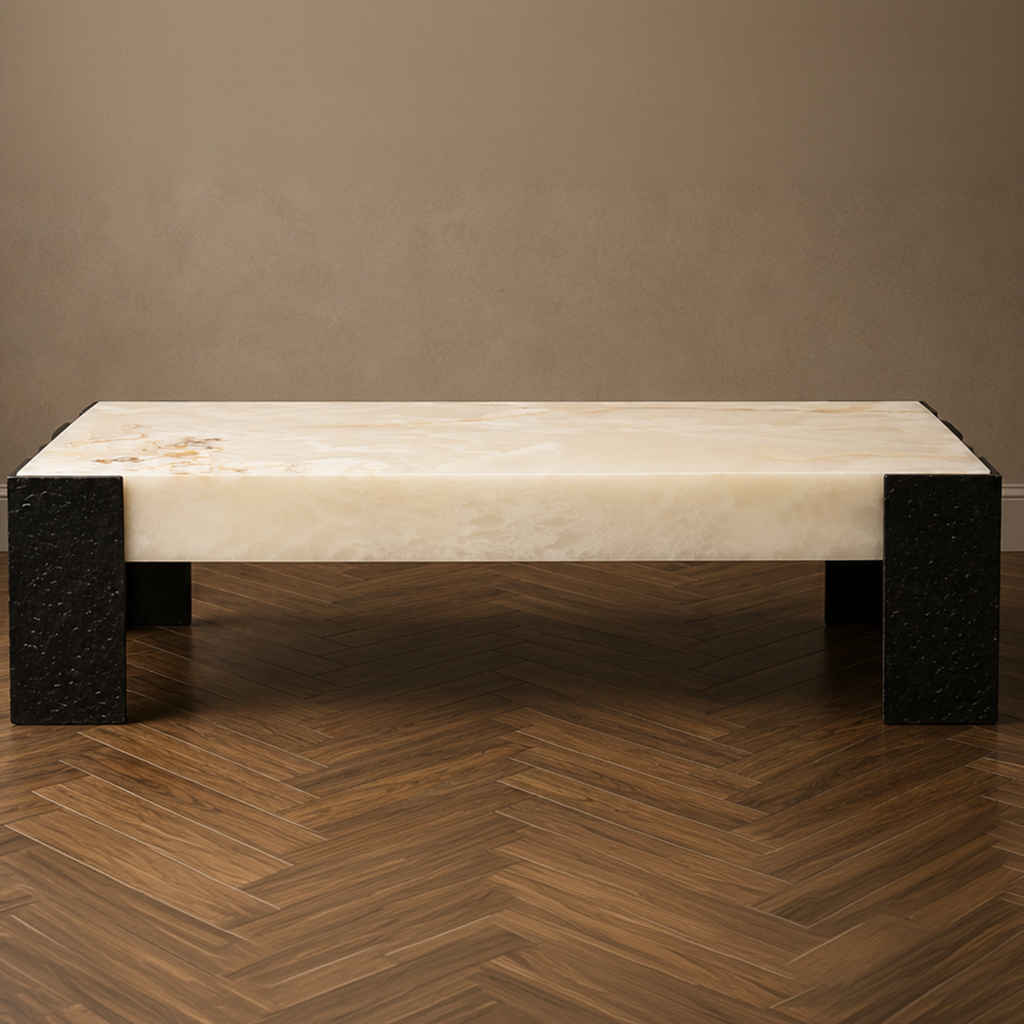 The Crystal Onyx & Cast Aluminum Interlock Coffee Table – onyx coffee table, designer coffee table, modern coffee table, luxury coffee table, statement coffee table