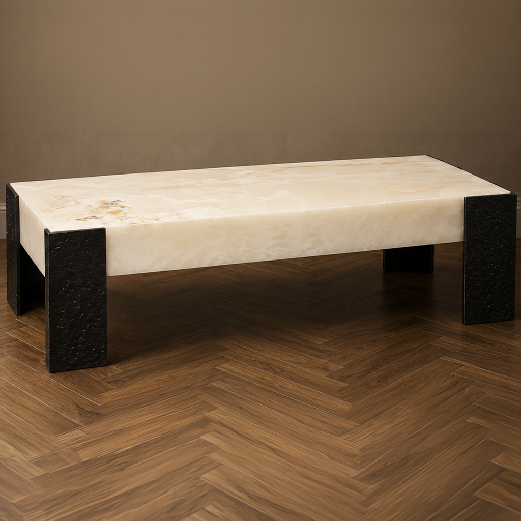 The Crystal Onyx & Cast Aluminum Interlock Coffee Table – onyx coffee table, designer coffee table, modern coffee table, luxury coffee table, statement coffee table