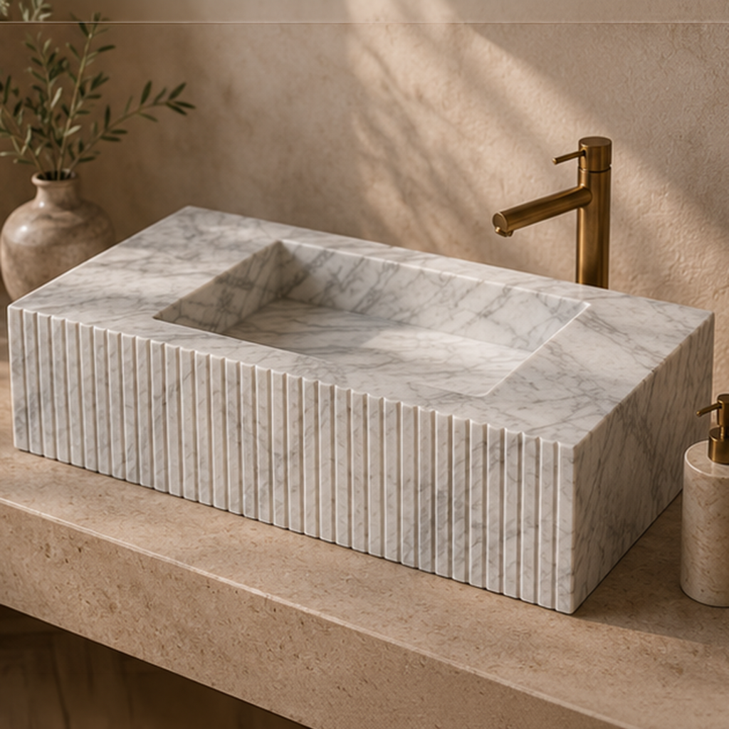 Volakas White Fluted Monolithic Slab Basin