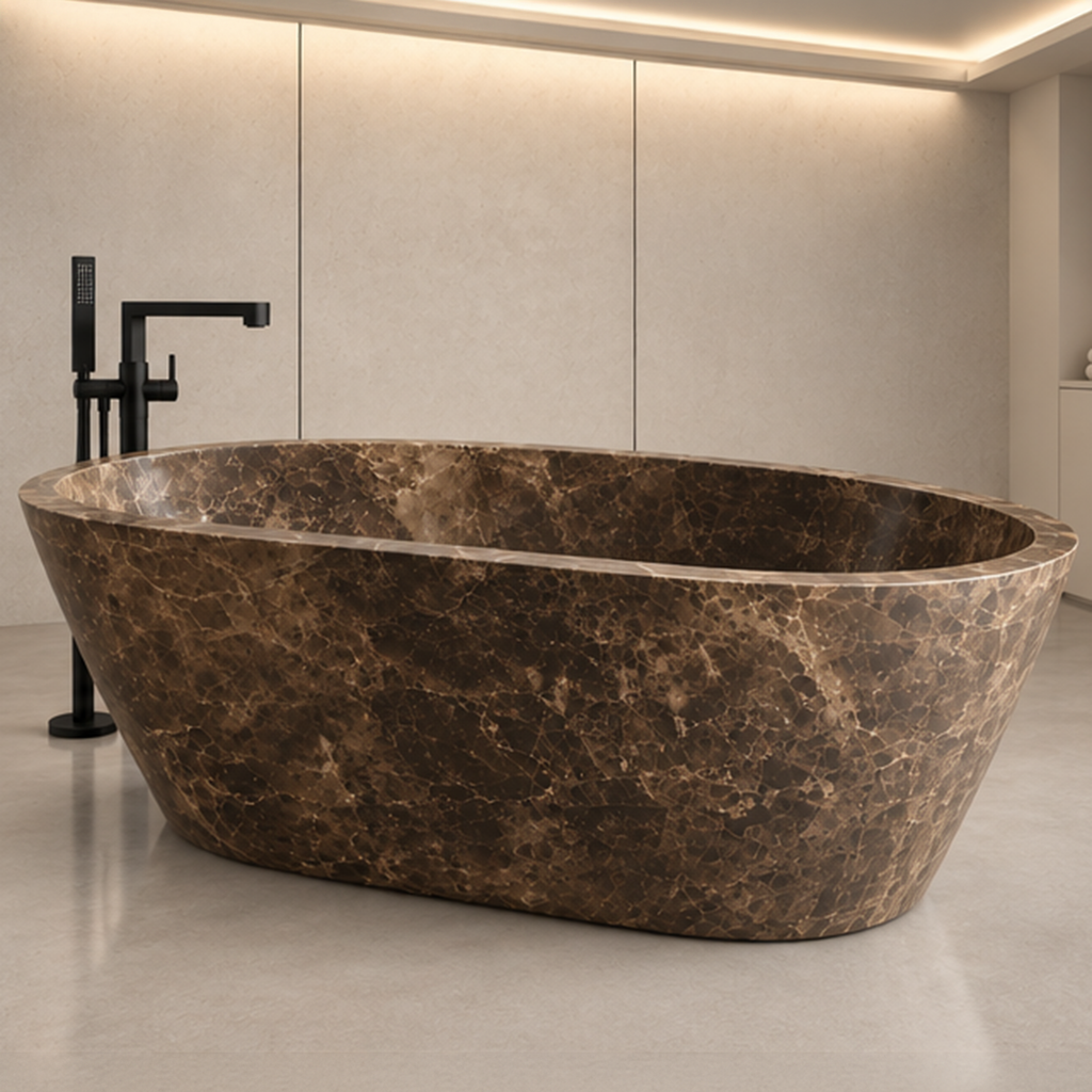 Dark Emperador Marble Elliptical Bathtub – marble bathtubs, freestanding bath, free standing bath, soaking tub, deep bathtubs