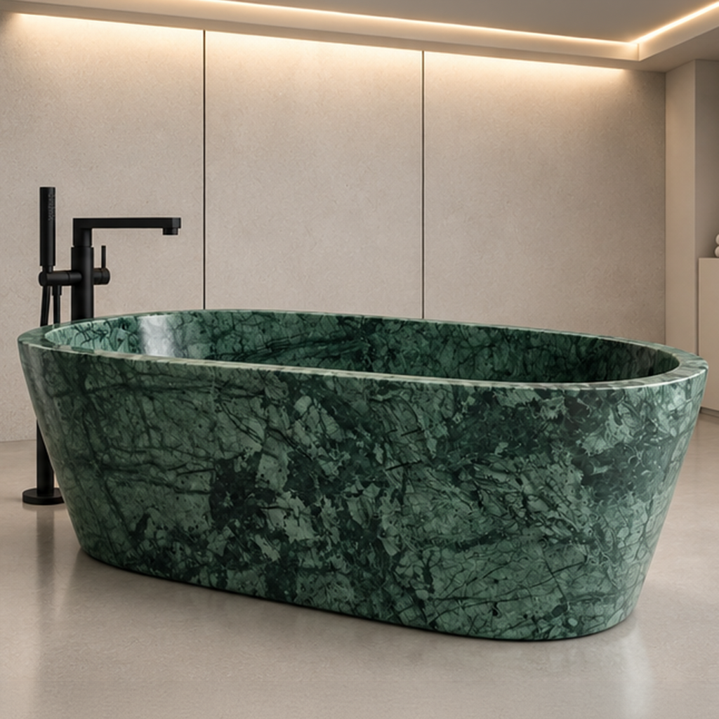 Verde Guatemala Green Marble Elliptical Bathtub – marble bathtubs, freestanding bath, free standing bath, soaking tub, deep bathtubs