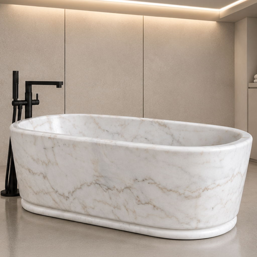 Guangxi White Marble Pedestal Bathtub – marble bathtubs, freestanding bath, free standing bath, soaking tub, bathroom tub