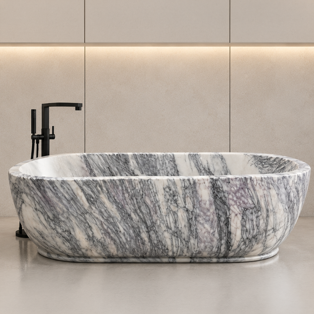 Turkish Lilac Marble Sculptural Pedestal Bathtub – marble bathtubs, freestanding bath, free standing bath, soaking tub, bathroom tub