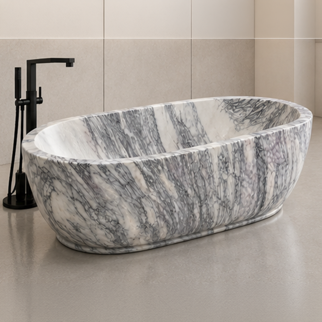 Turkish Lilac Marble Sculptural Pedestal Bathtub – marble bathtubs, freestanding bath, free standing bath, soaking tub, bathroom tub
