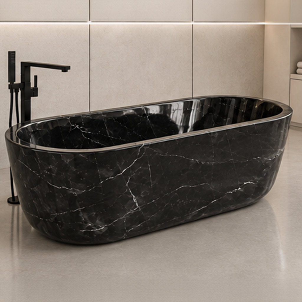 Moroccan Black Marquino Marble Elliptical Bathtub – marble bathtubs, freestanding bath, free standing bath, soaking tub, deep bathtubs