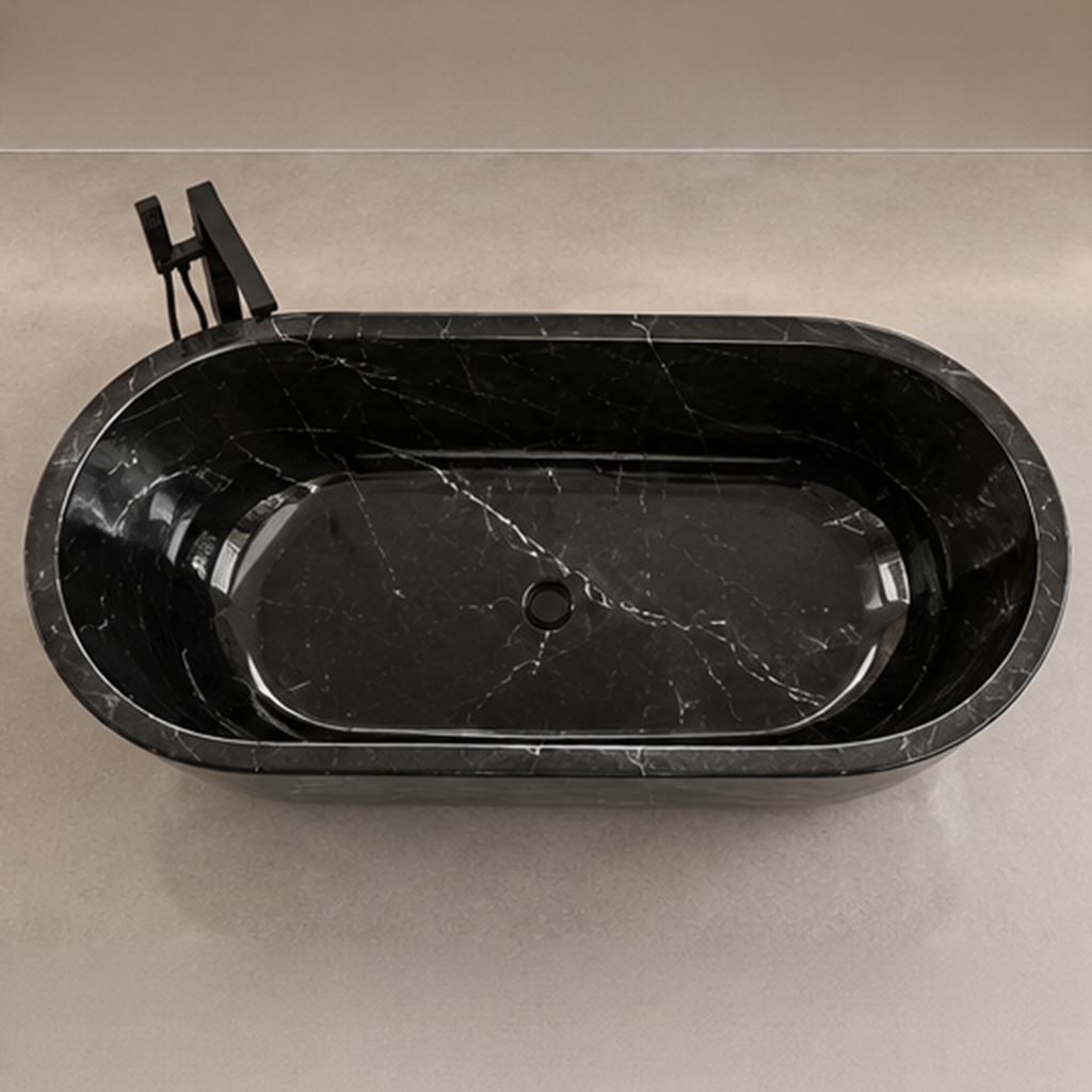 Moroccan Black Marquino Marble Elliptical Bathtub – marble bathtubs, freestanding bath, free standing bath, soaking tub, deep bathtubs
