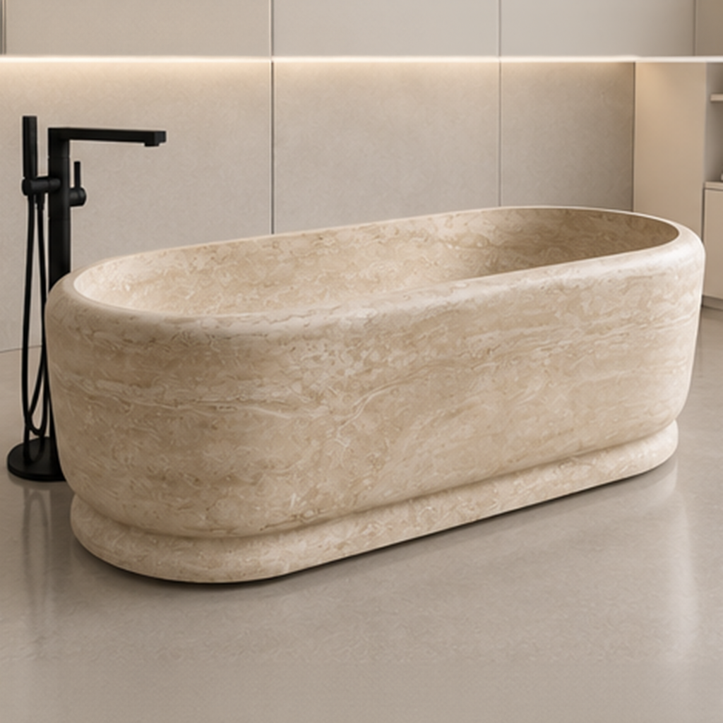 Turkish Beige Travertine Pedestal Bathtub – marble bathtubs, freestanding bath, free standing bath, soaking tub, deep bathtubs