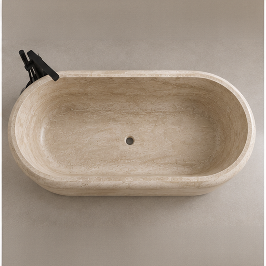 Turkish Beige Travertine Pedestal Bathtub – marble bathtubs, freestanding bath, free standing bath, soaking tub, deep bathtubs