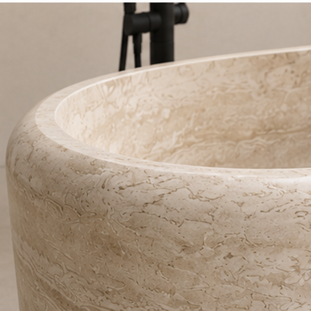 Turkish Beige Travertine Pedestal Bathtub – marble bathtubs, freestanding bath, free standing bath, soaking tub, deep bathtubs